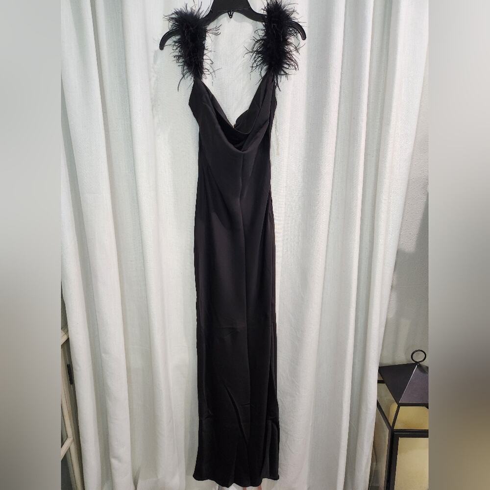 NWT House of CB Tabitha Black Satin Feather Maxi Dress S‎ - Picture 6 of 9